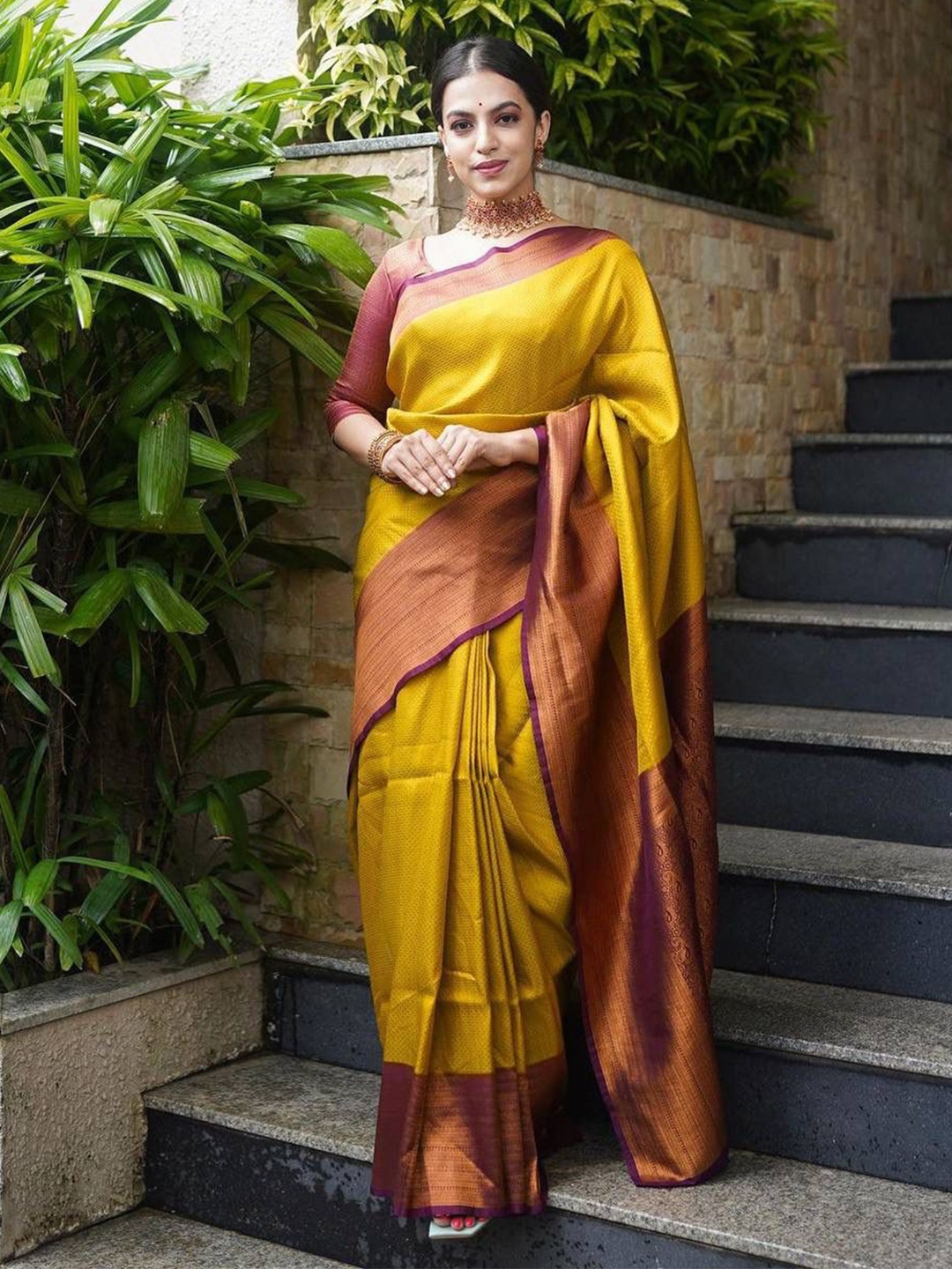 

KALINI Ethnic Motifs Woven Design Zari Saree, Yellow