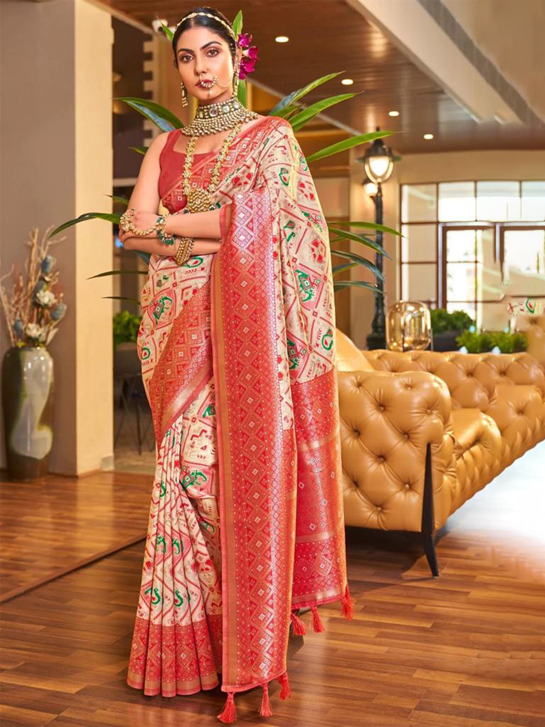 

KALINI Ethnic Motifs Zari Art Silk Saree, Cream