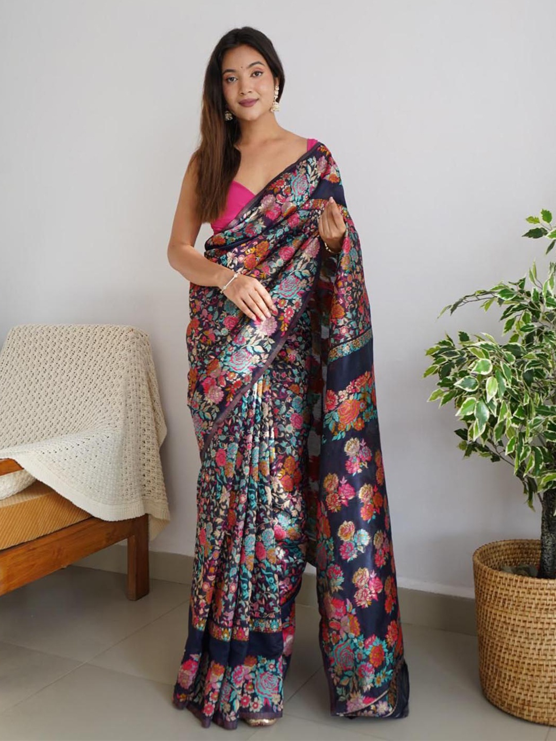 

KALINI Floral Woven Design Zari Art Silk Saree, Navy blue