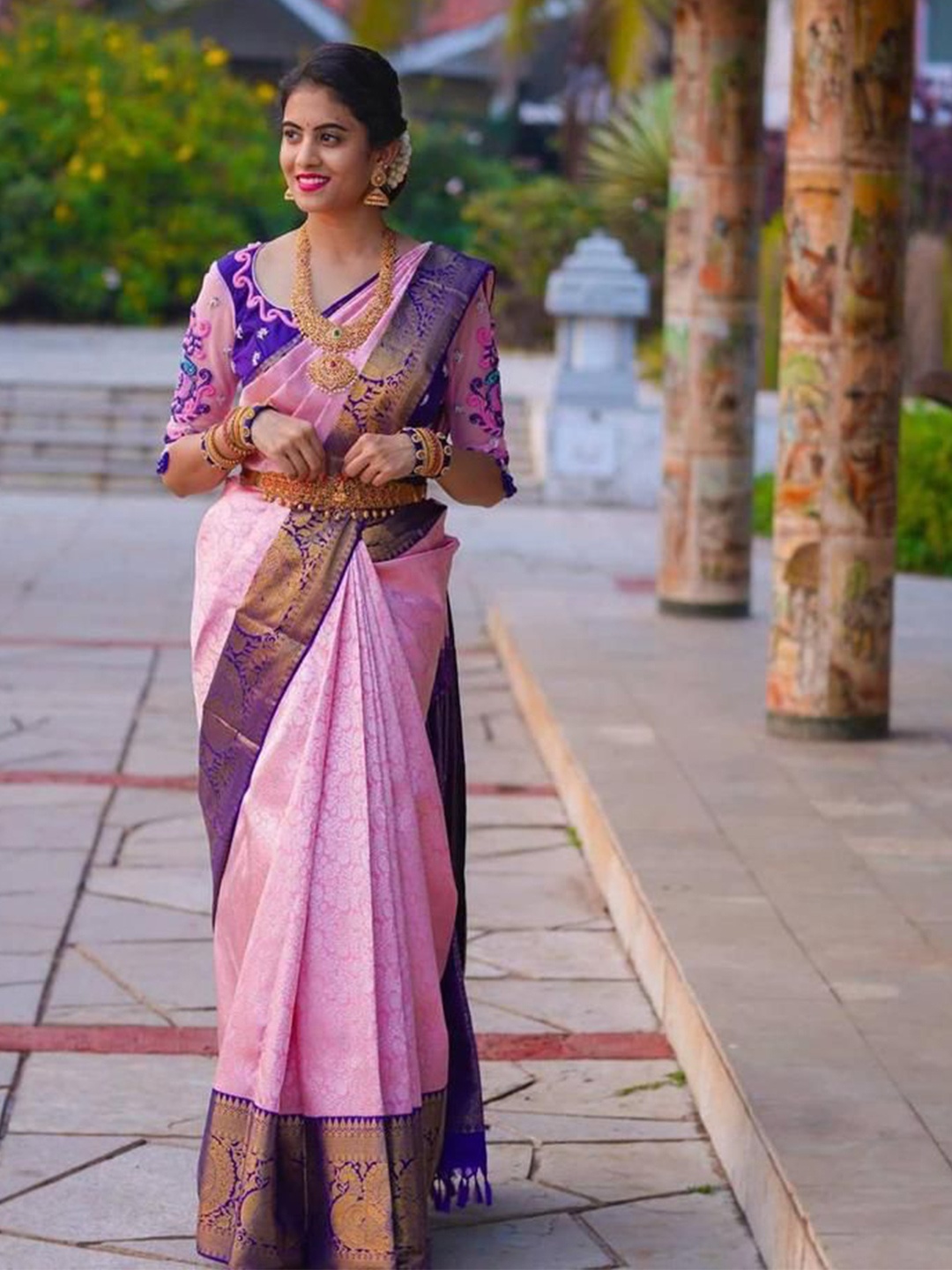 

KALINI Floral Woven Design Zari Art Silk Saree, Pink
