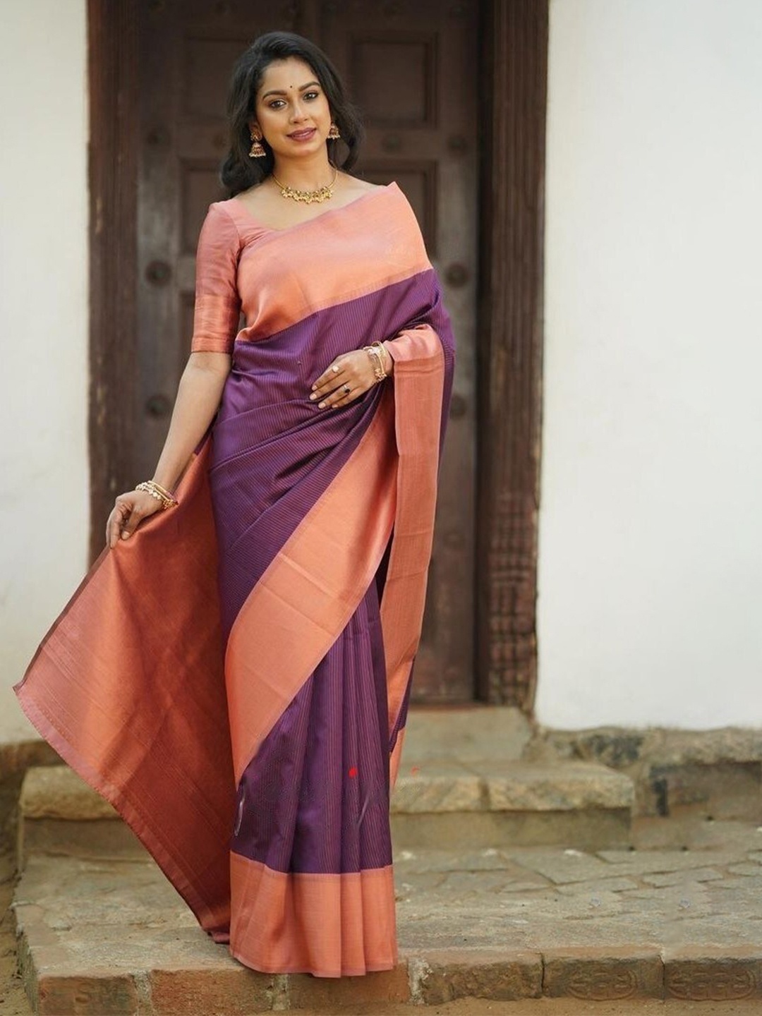 

KALINI Striped Zari Art Silk Saree, Purple