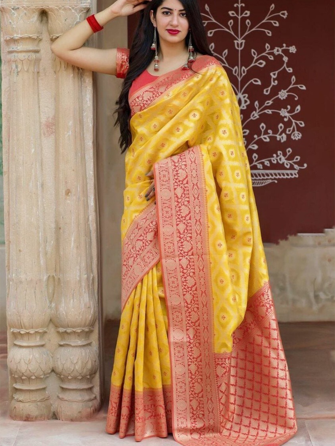 

KALINI Ethnic Motifs Woven Design Zari Saree, Yellow