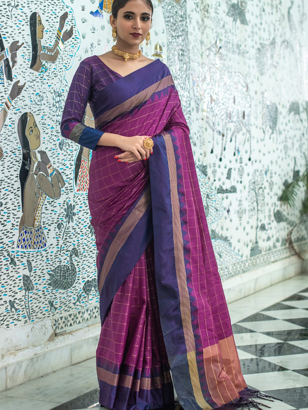 

KALINI Checked Zari Art Silk Saree, Purple