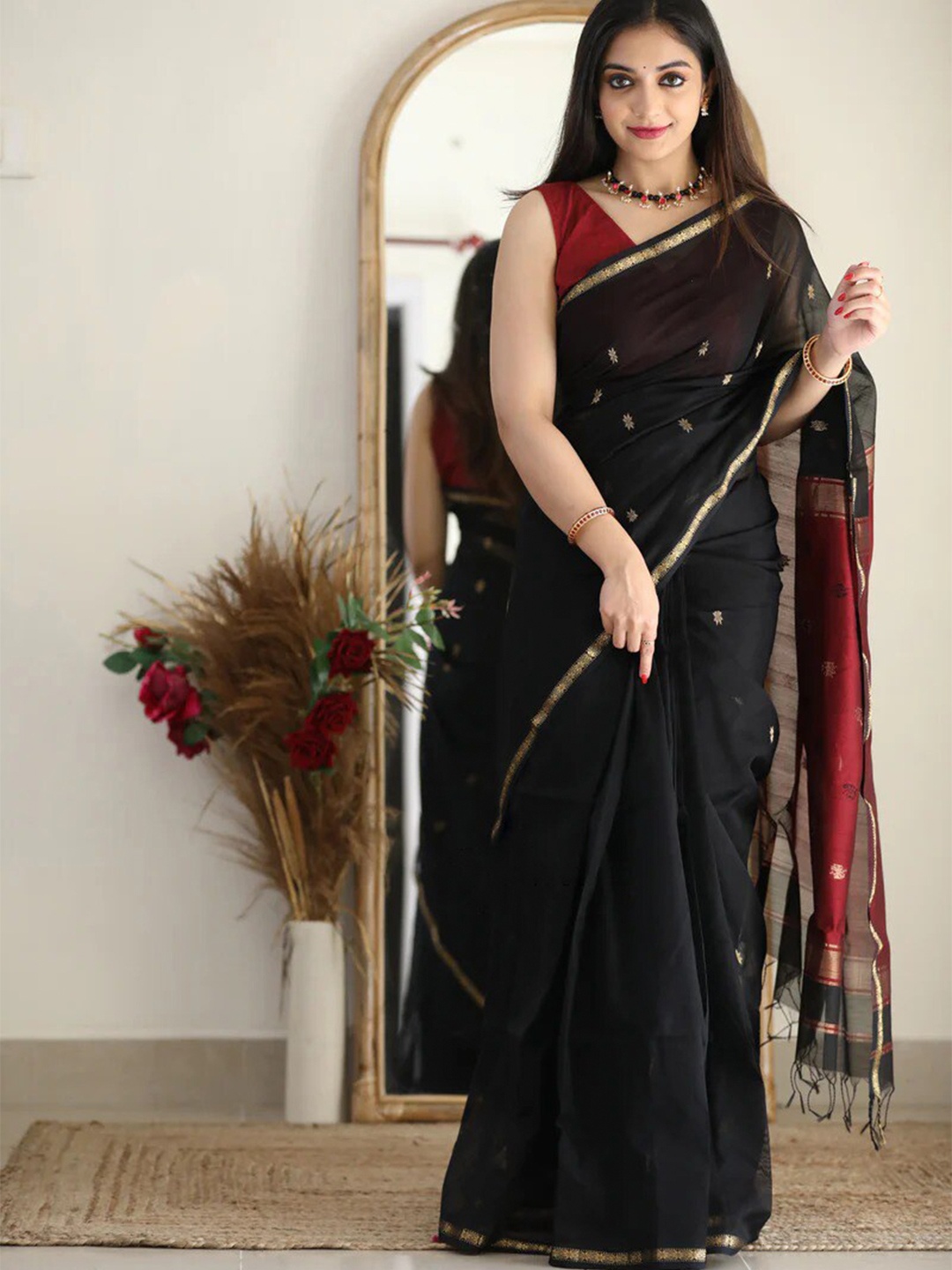 

KALINI Ethnic Motifs Woven Design Zari Art Silk Saree, Black