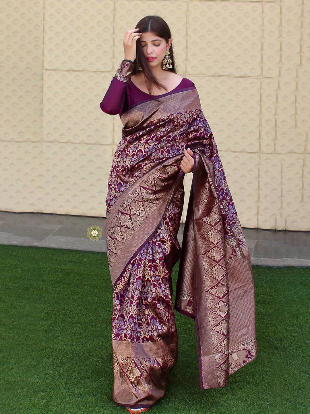 

KALINI Ethnic Motifs Woven Design Zari Saree, Burgundy