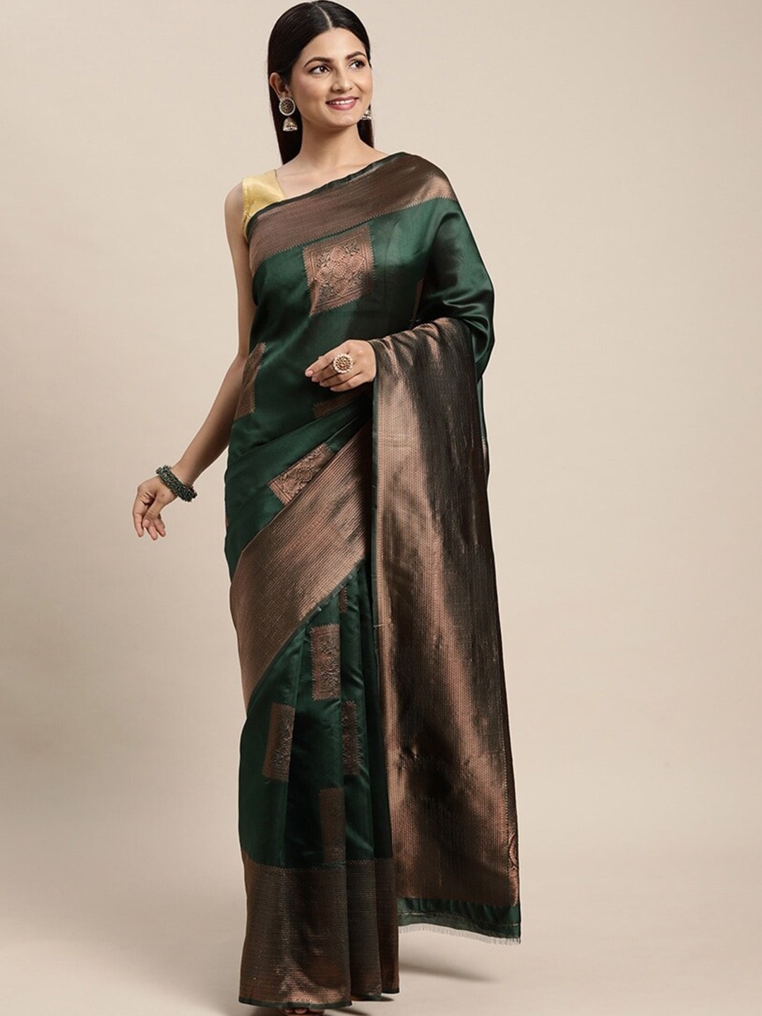 

KALINI Ethnic Motifs Woven Design Zari Saree, Green