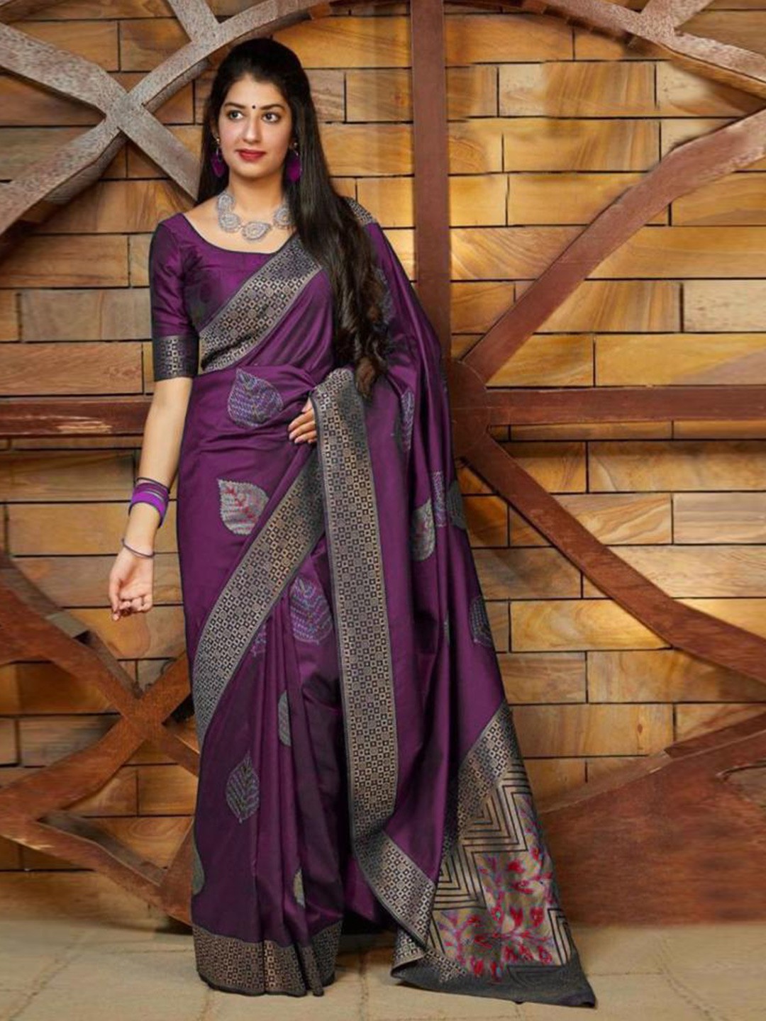 

KALINI Ethnic Motifs Zari Art Silk Saree, Purple