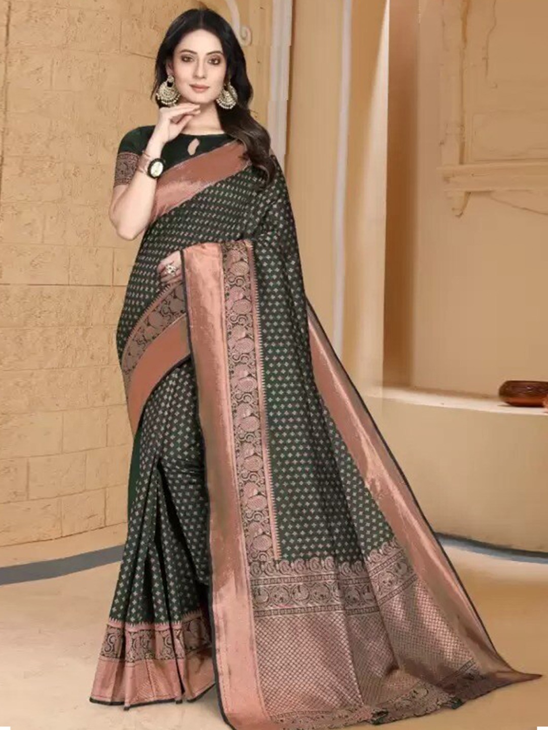 

KALINI Polka Dot Zari Art Silk Saree, Green