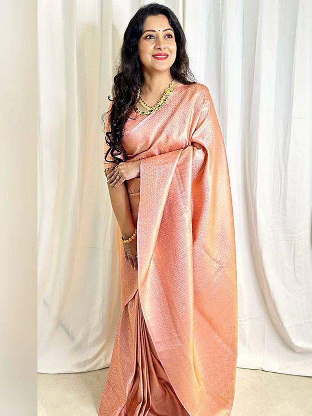 

KALINI Woven Design Zari Saree, Peach