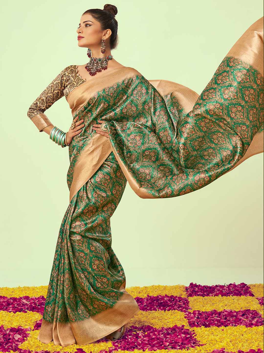 

KALINI Ethnic Motifs Zari Art Silk Saree, Green