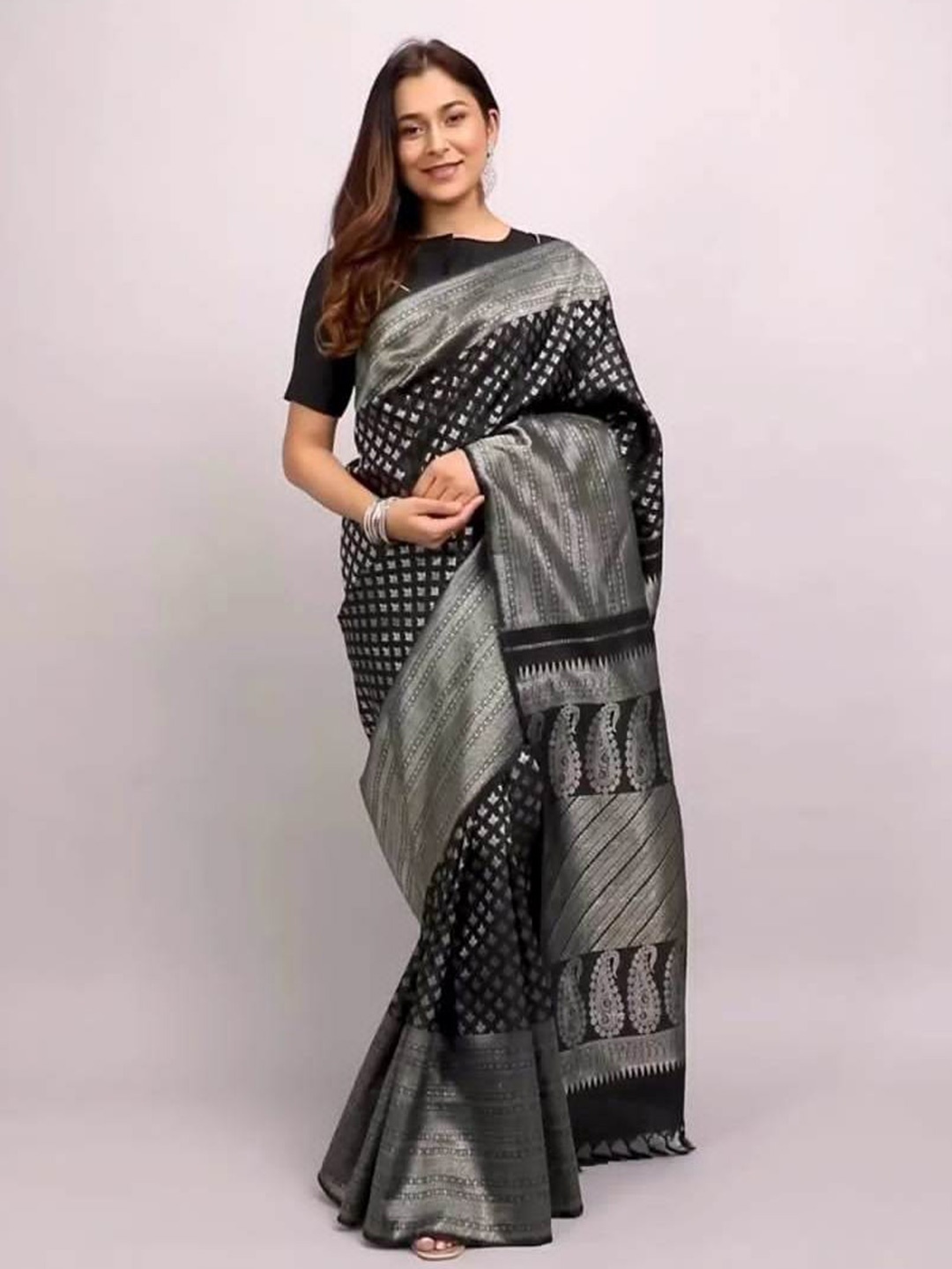 

KALINI Ethnic Motifs Zari Art Silk Saree, Black