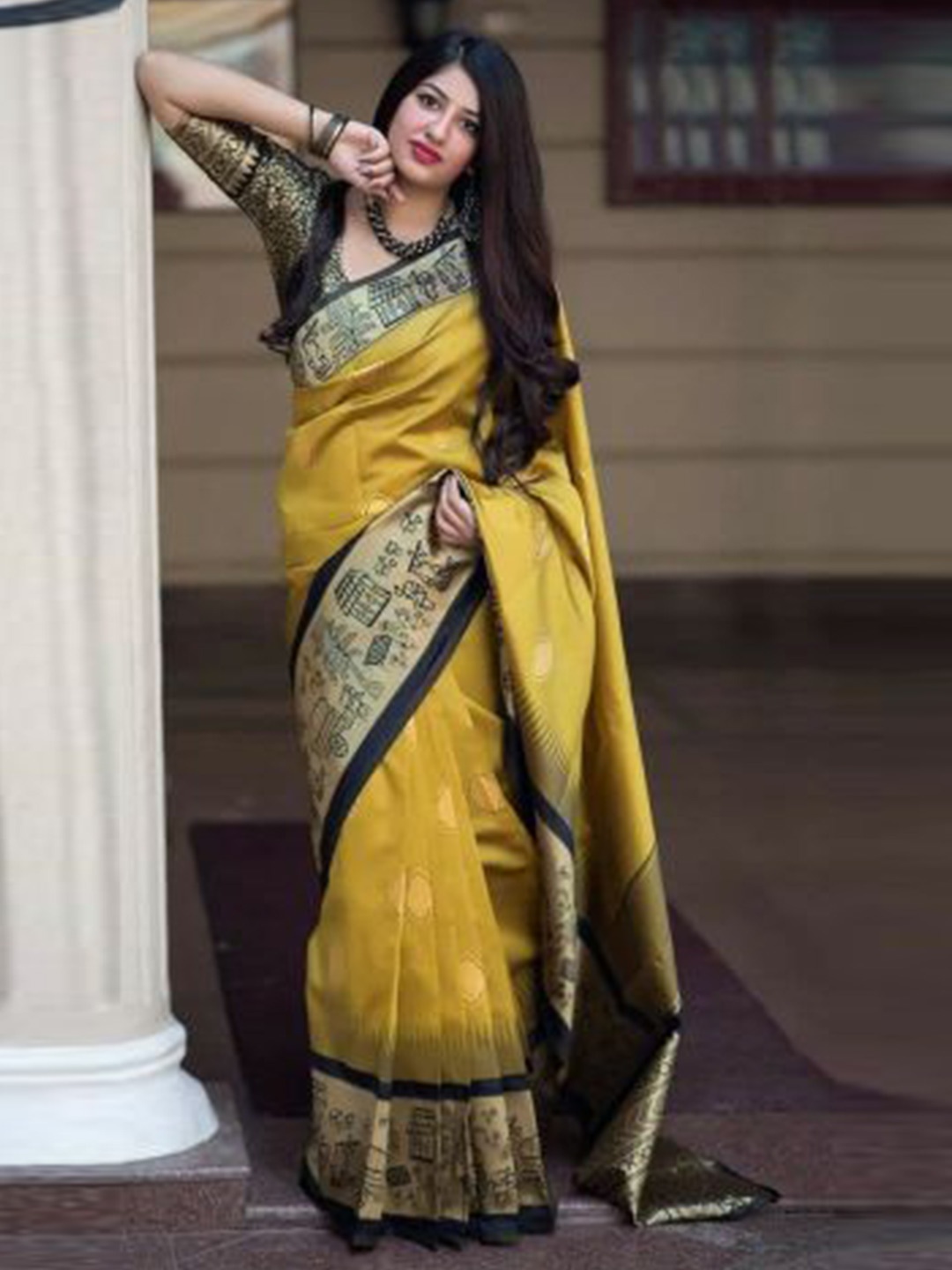 

KALINI Ethnic Motifs Woven Design Zari Saree, Yellow