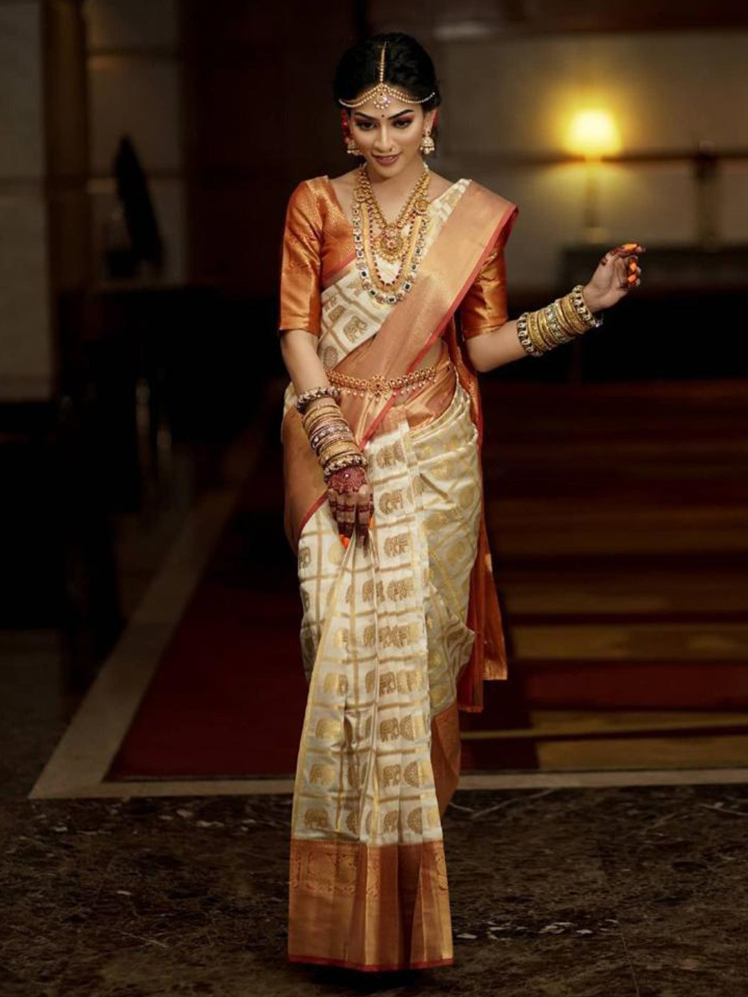 

KALINI Ethnic Motifs Woven Design Zari Saree, White