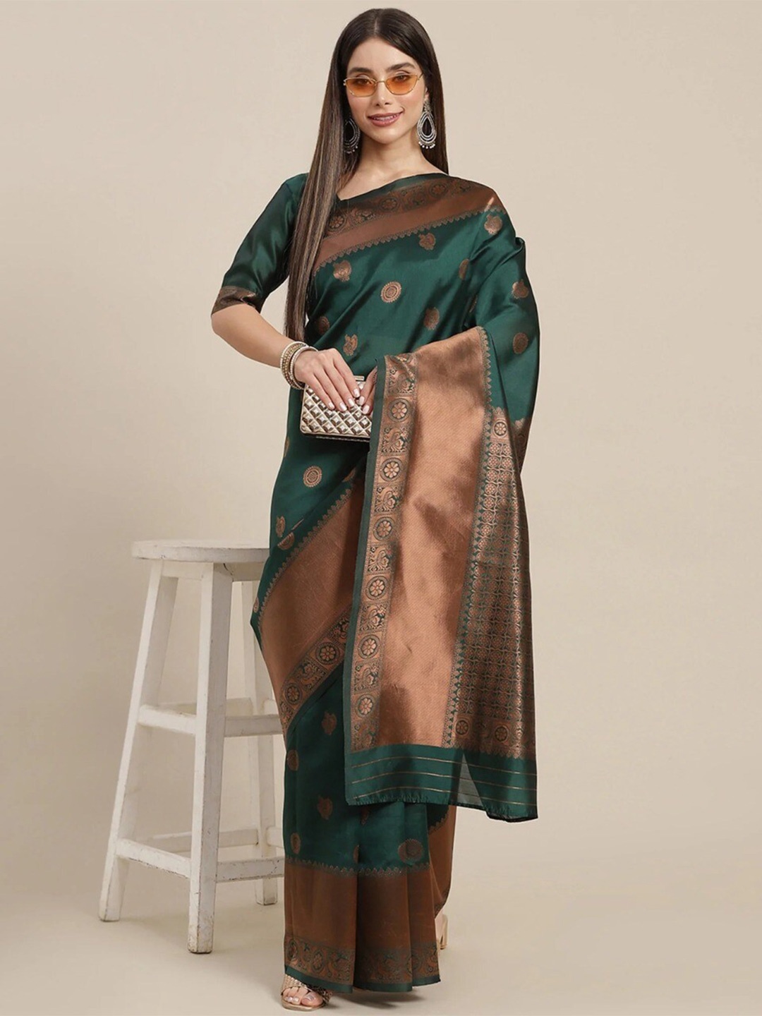 

KALINI Ethnic Motifs Woven Design Zari Art Silk Saree, Green