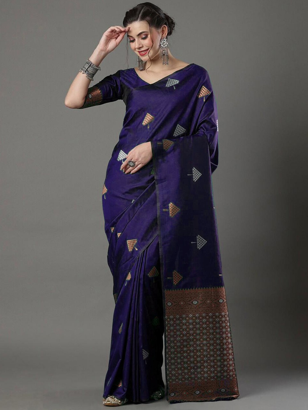 

KALINI Geometric Woven Design Zari Art Silk Saree, Navy blue
