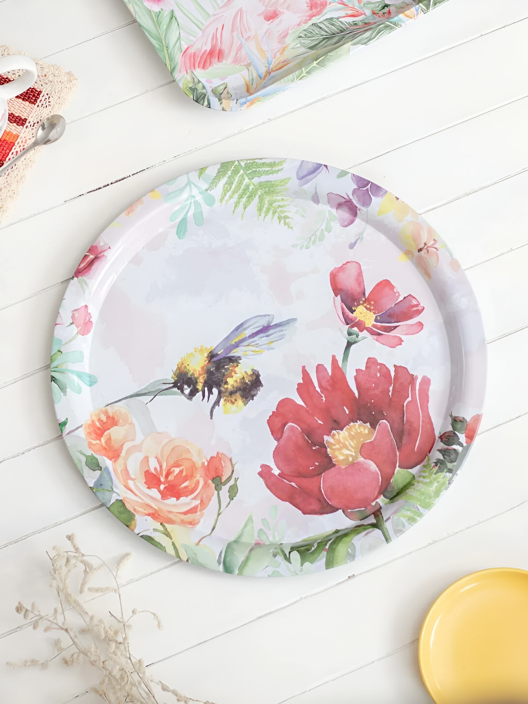 

THEDECORKART Red & Green Floral Printed Metal Plate