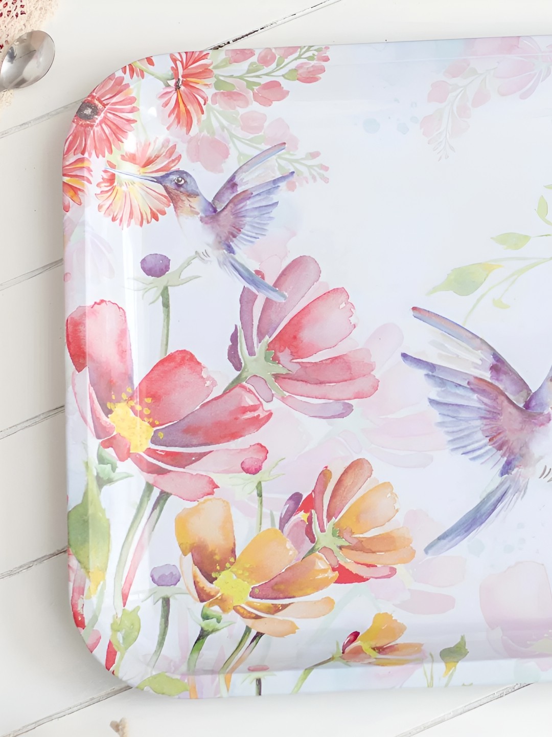 

THEDECORKART White & Pink Hummingbird Printed Rectangle Serving Tray