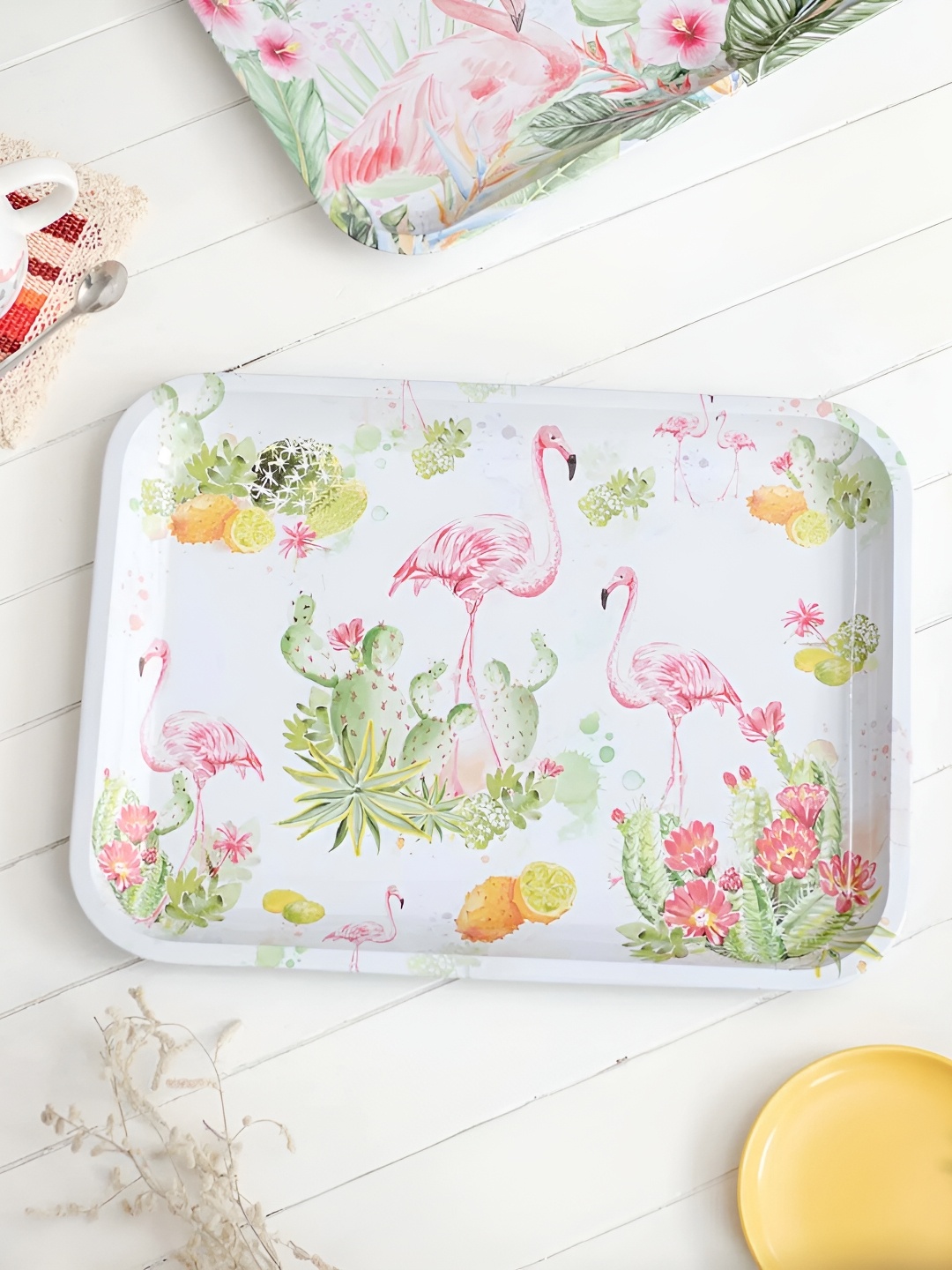 

THEDECORKART White & Pink Flamingo Printed Rectangle Serving Tray