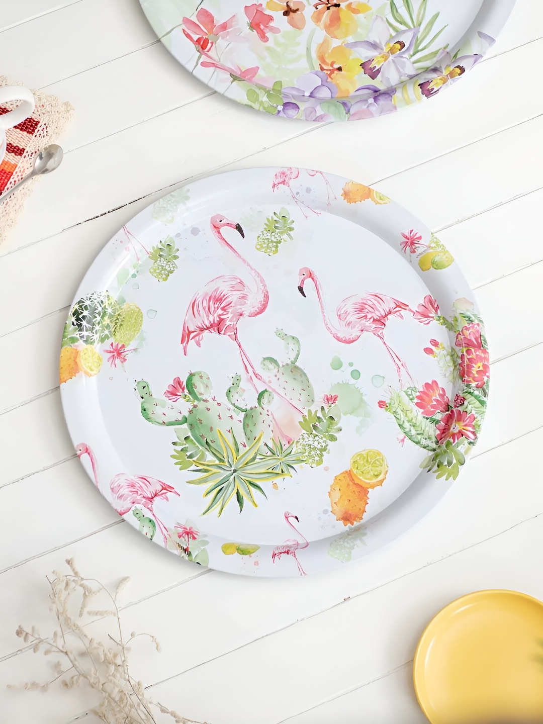 

THEDECORKART White & Green Flamingo Printed Round Serving Tray