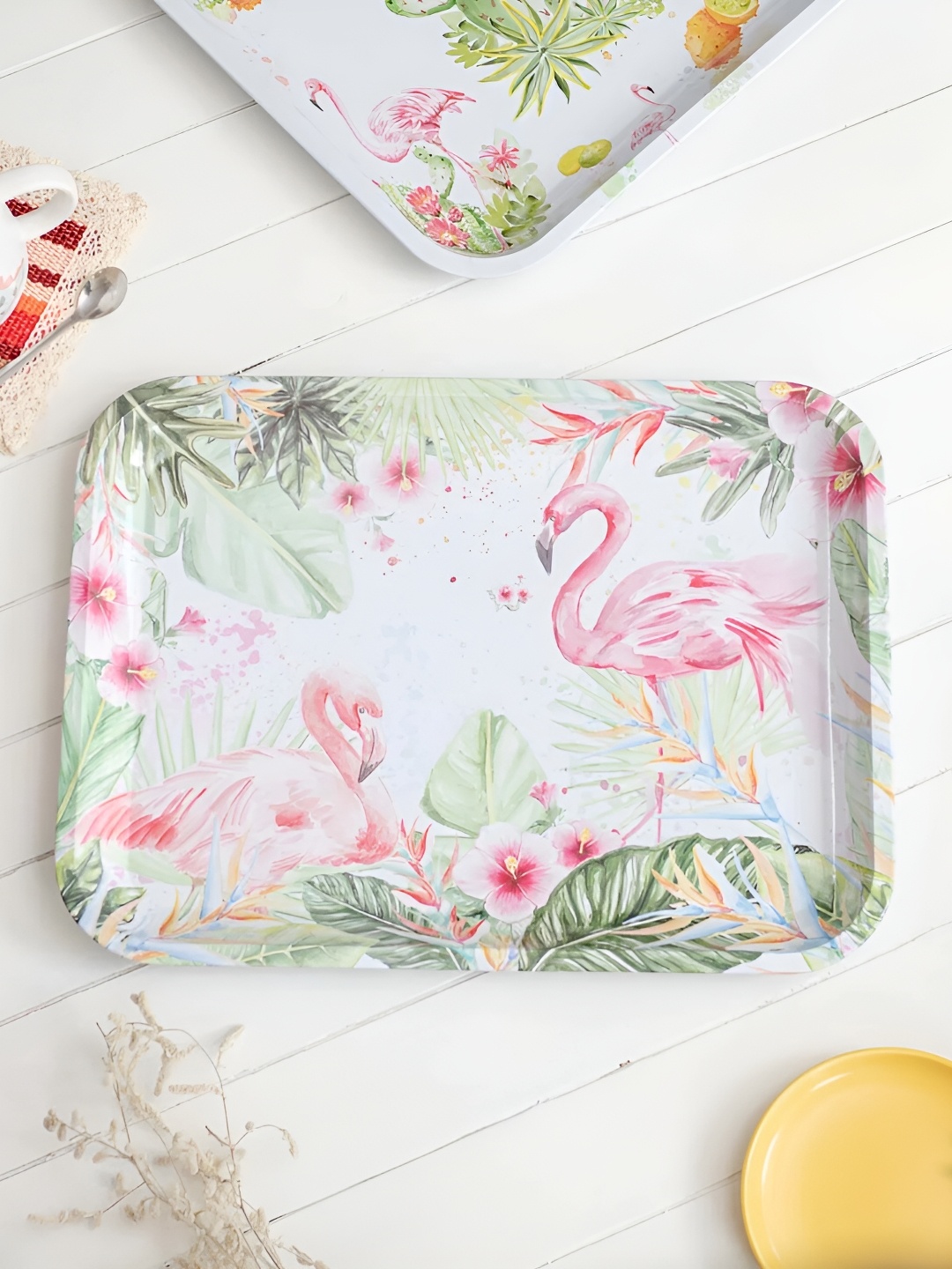 

THEDECORKART White & Green Easy to Clean Tin Tray