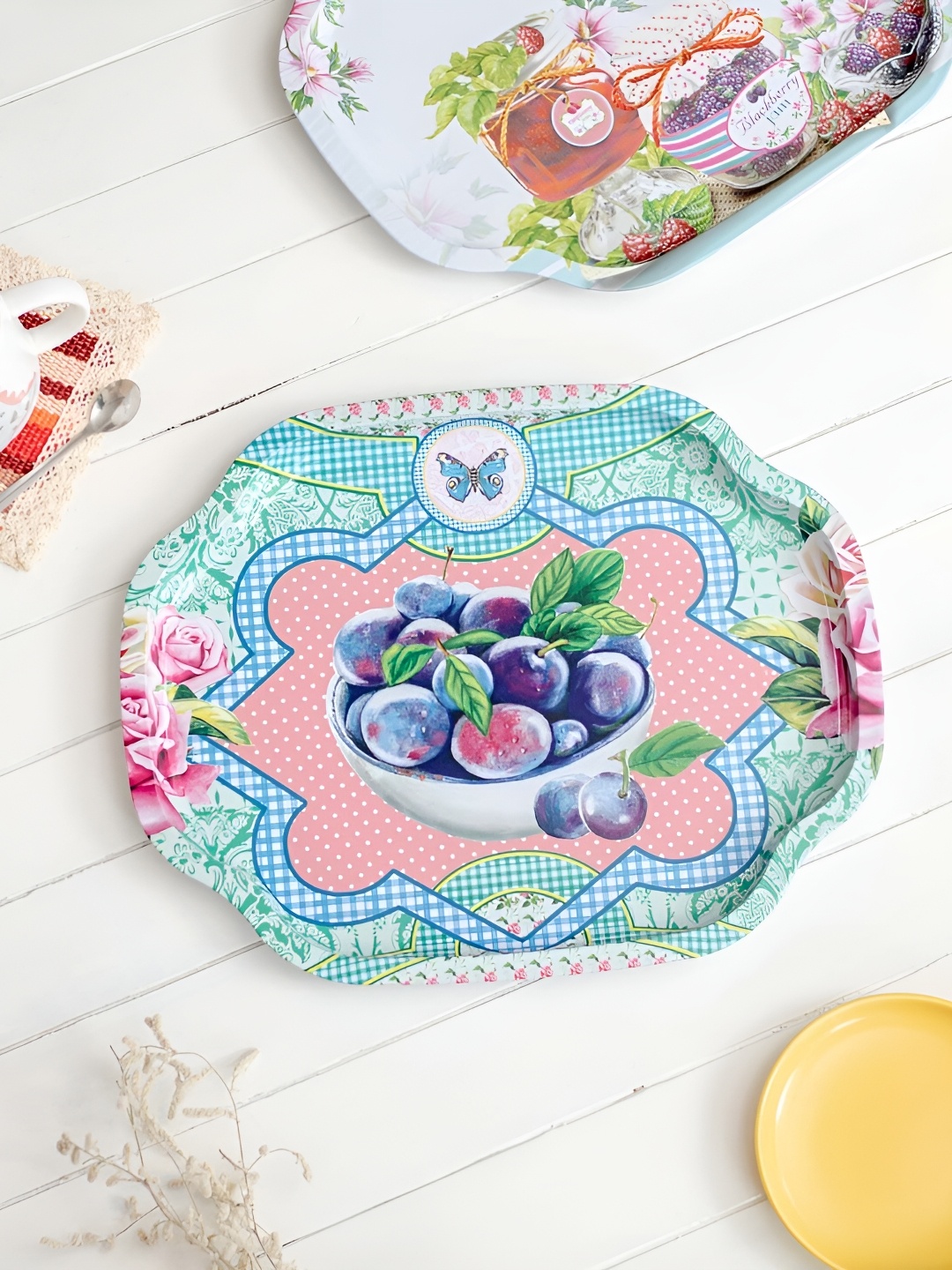 

THEDECORKART Blue & Pink Berries Printed Curved Serving Tray
