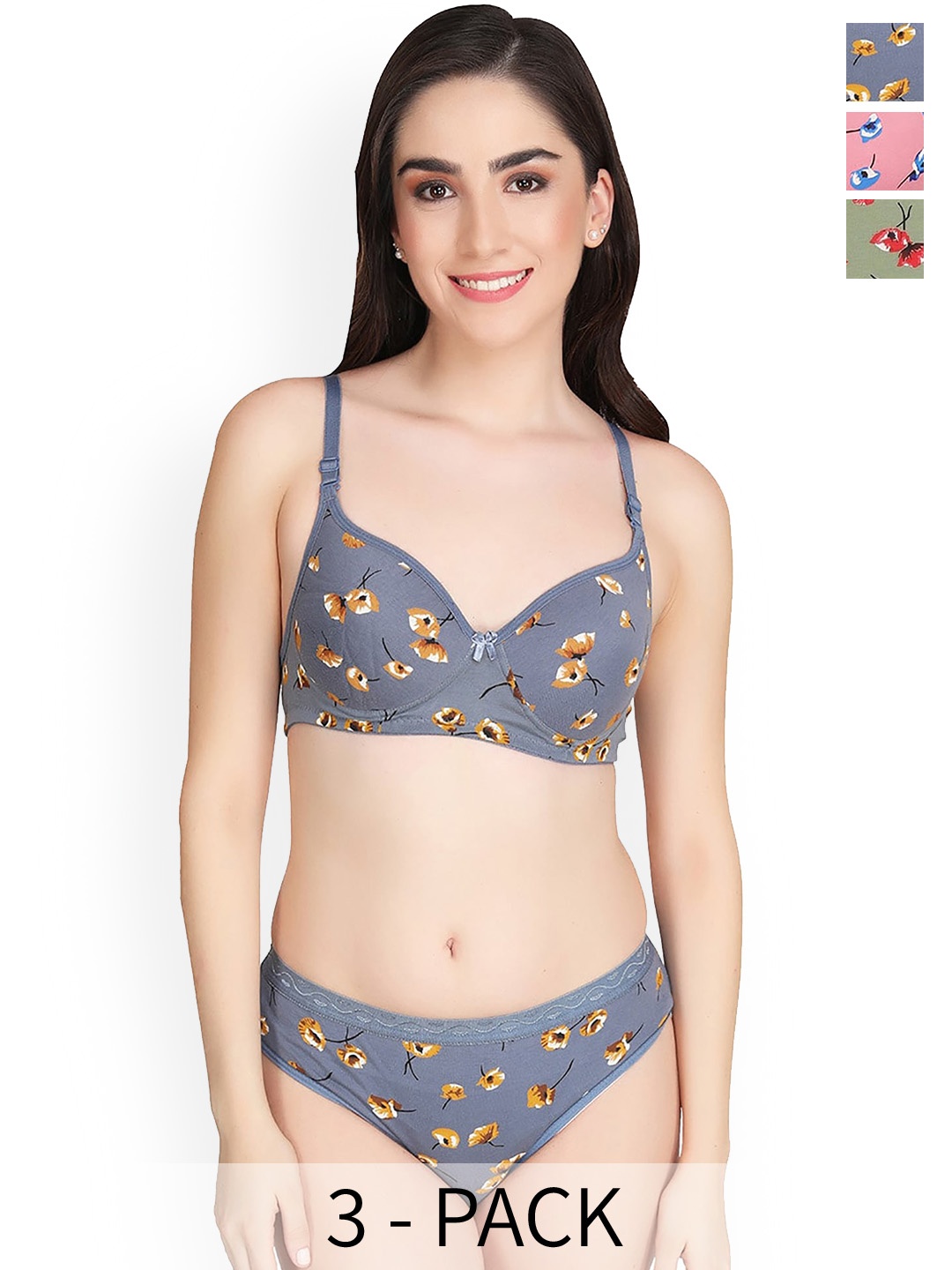 In-Curve Pack Of 3 Cotton Printed Brief Lingerie Set, Green