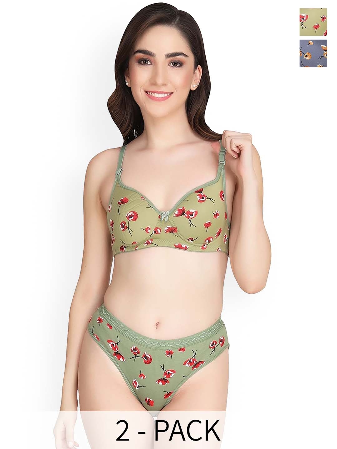 

In-Curve Pack Of 2 Cotton Printed Brief Lingerie Set, Grey