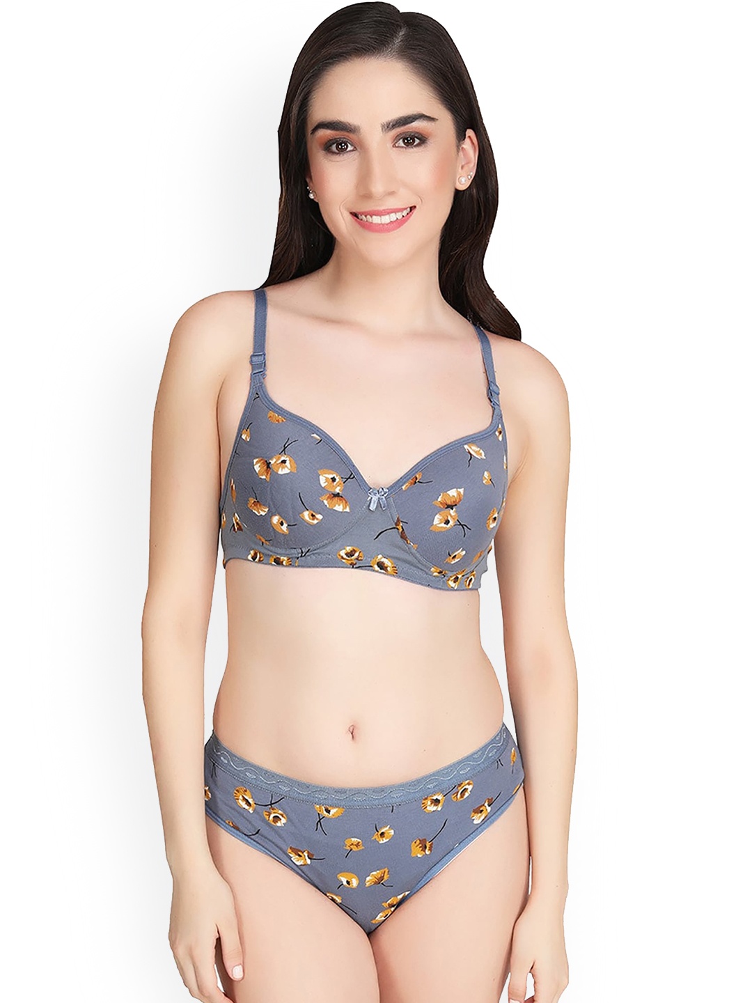 

In-Curve Printed Cotton Brief Lingerie Set, Grey