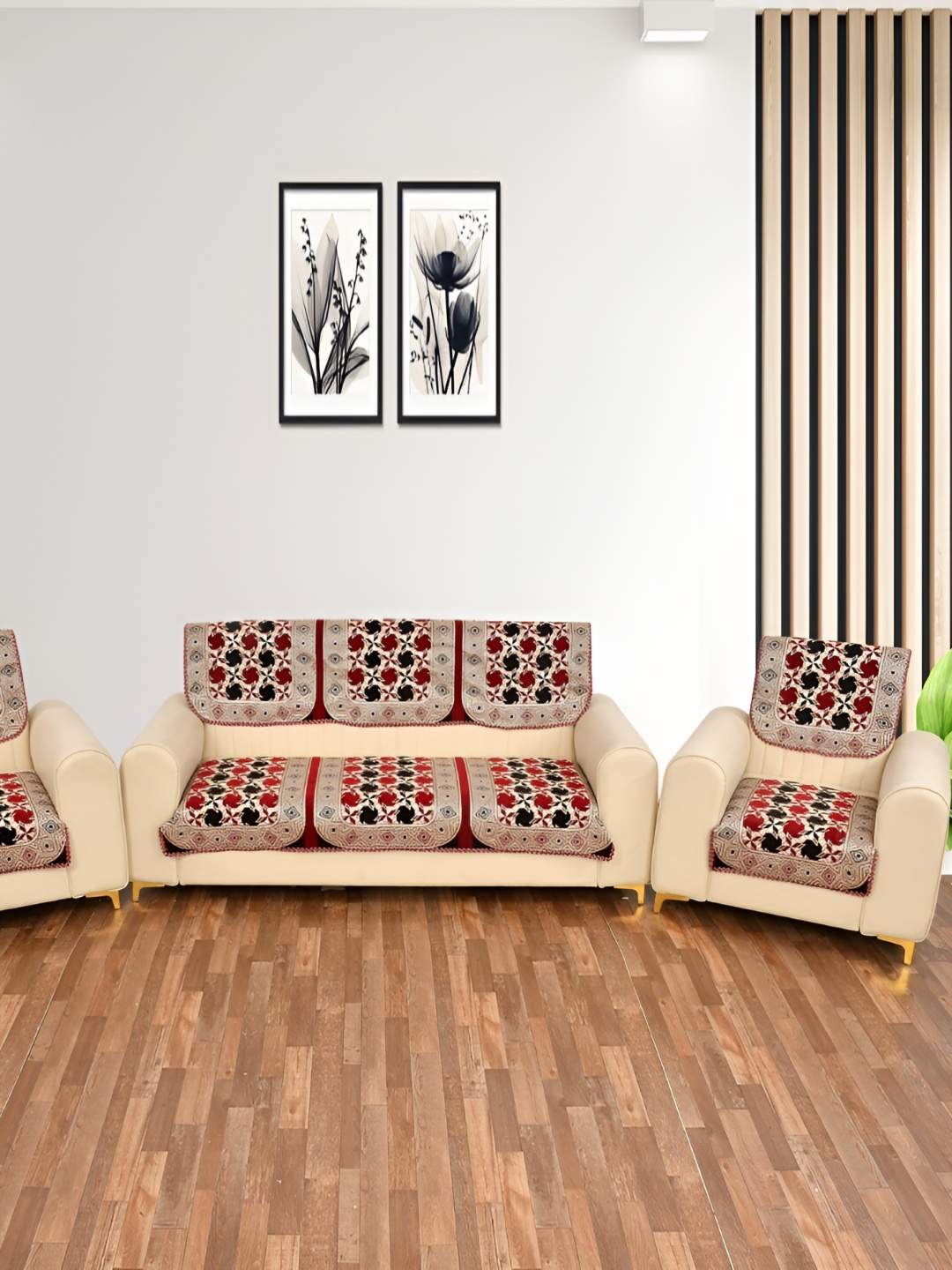 

MULTITEX Maroon & Cream Printed Velvet Sofa Cover