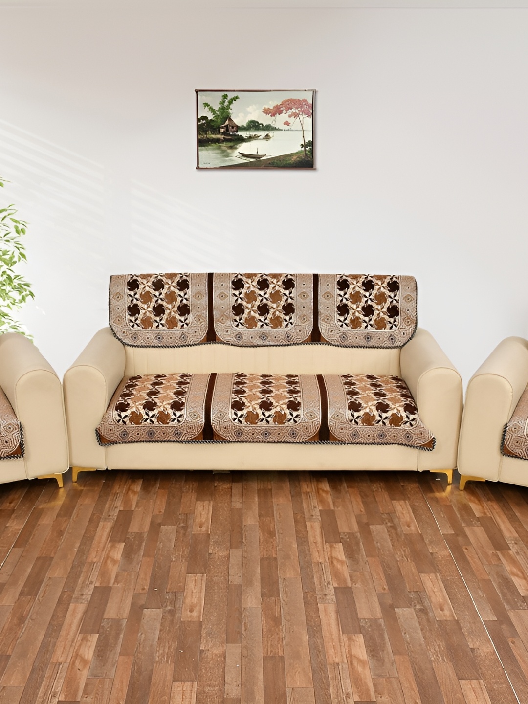 

MULTITEX Brown & Beige Velvet 5 Piece Sofa Cover