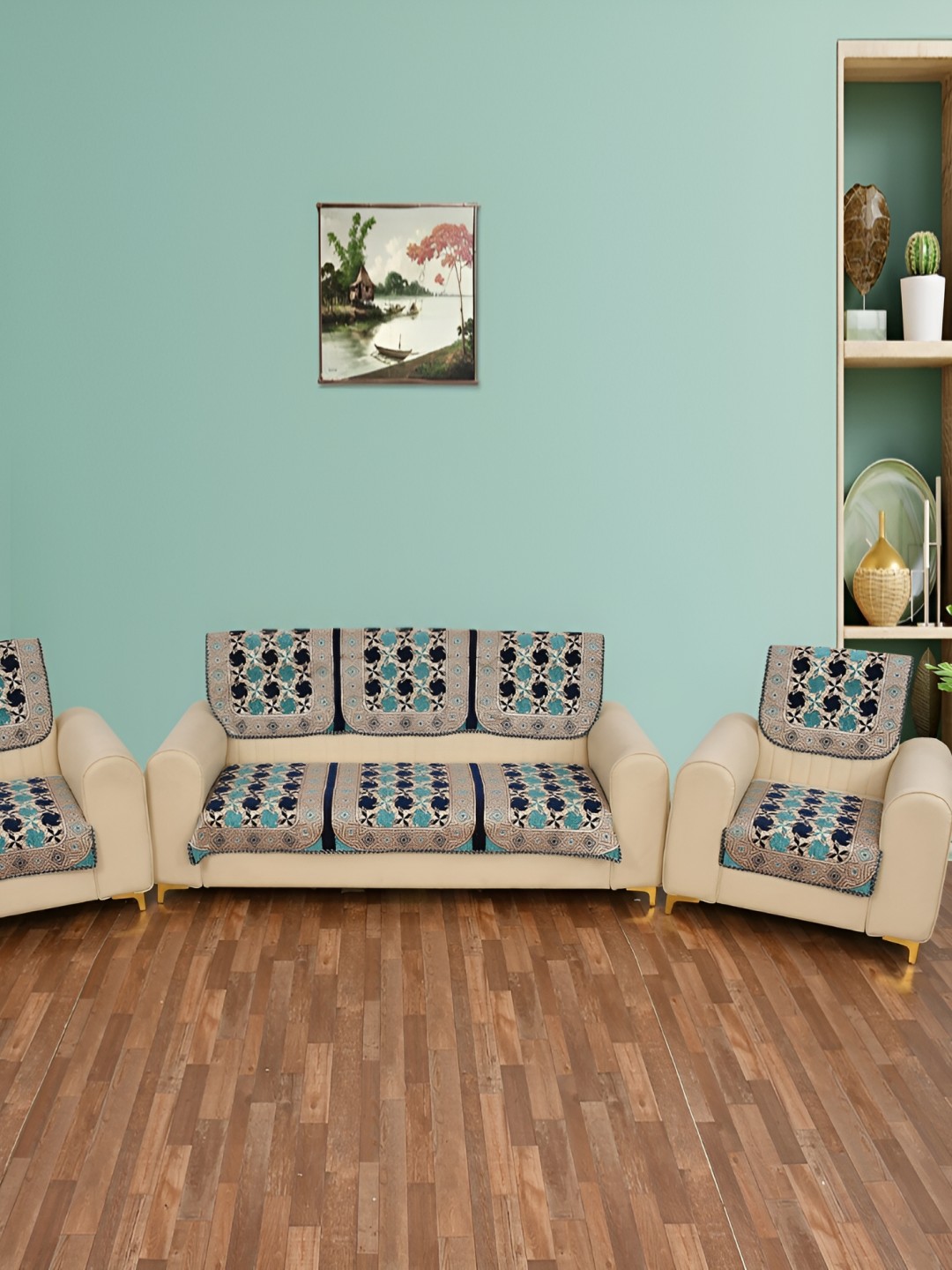 

MULTITEX Turquoise Blue & Beige Printed Velvet Sofa Cover