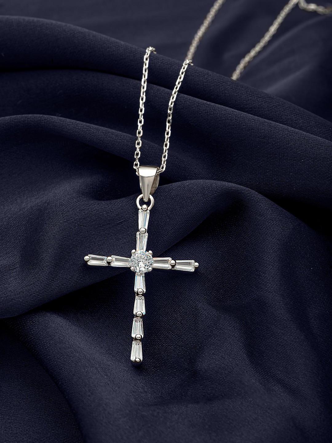 

SILBERRY Rhodium-Plated Cubic Zirconia Contemporary Pendants with Chains, Silver