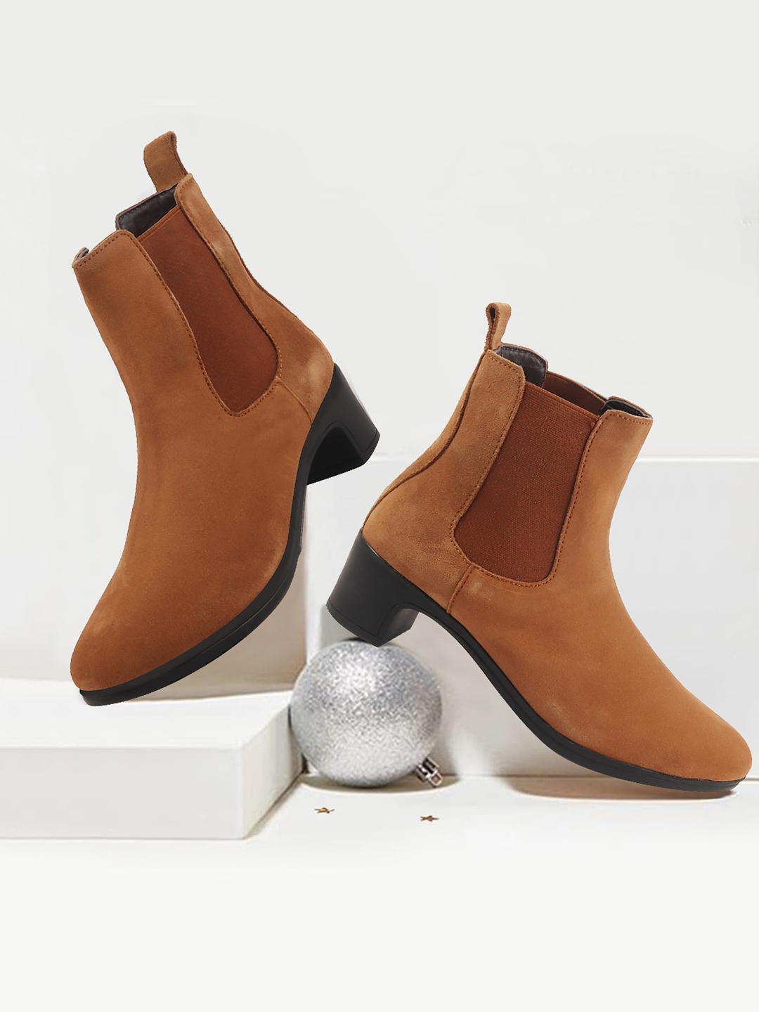 

FAUSTO Women Platform Heeled Suede Leather Chelsea Boots, Tan