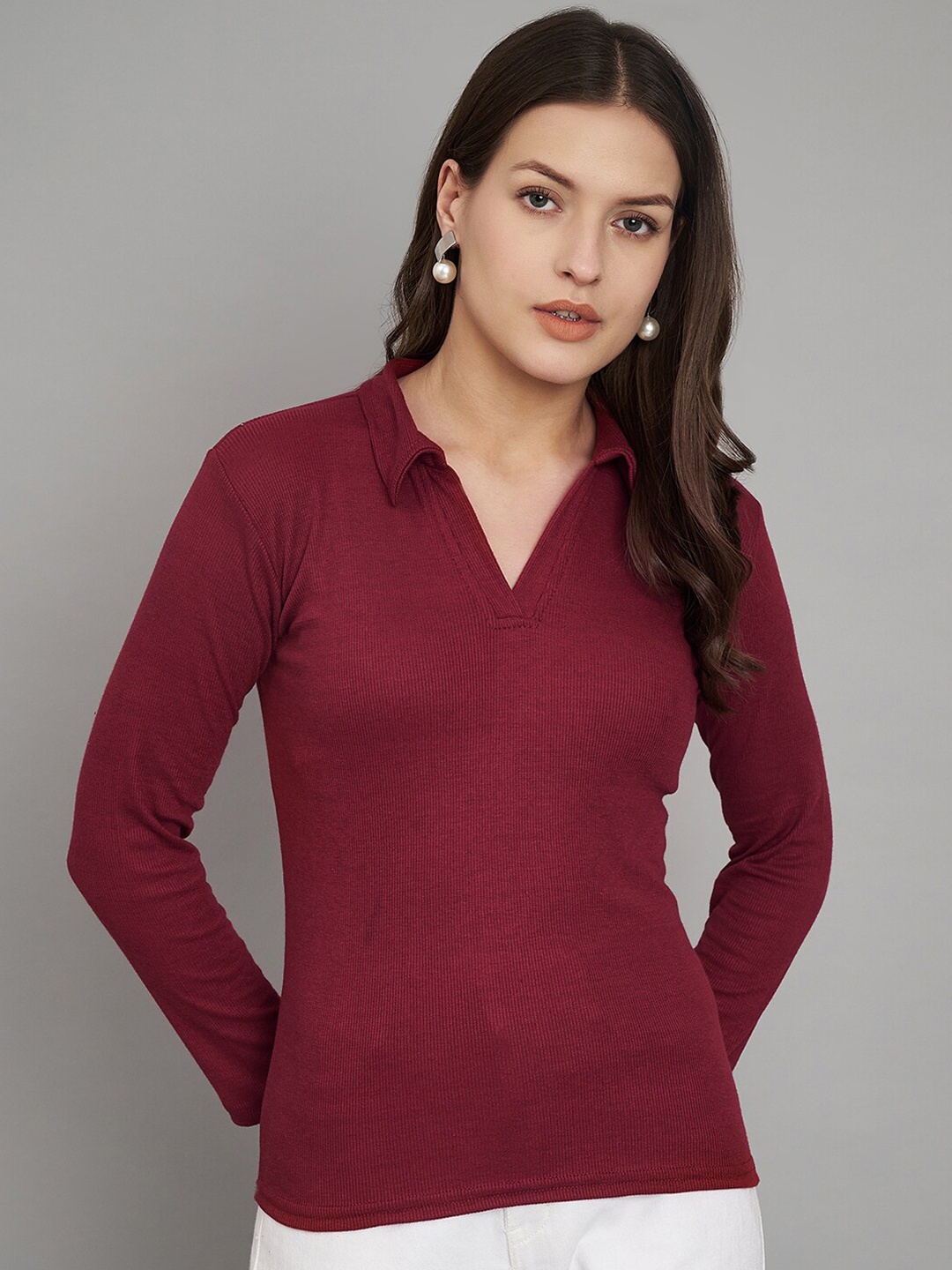 

Trend Level Shirt Collar Regular Top, Maroon