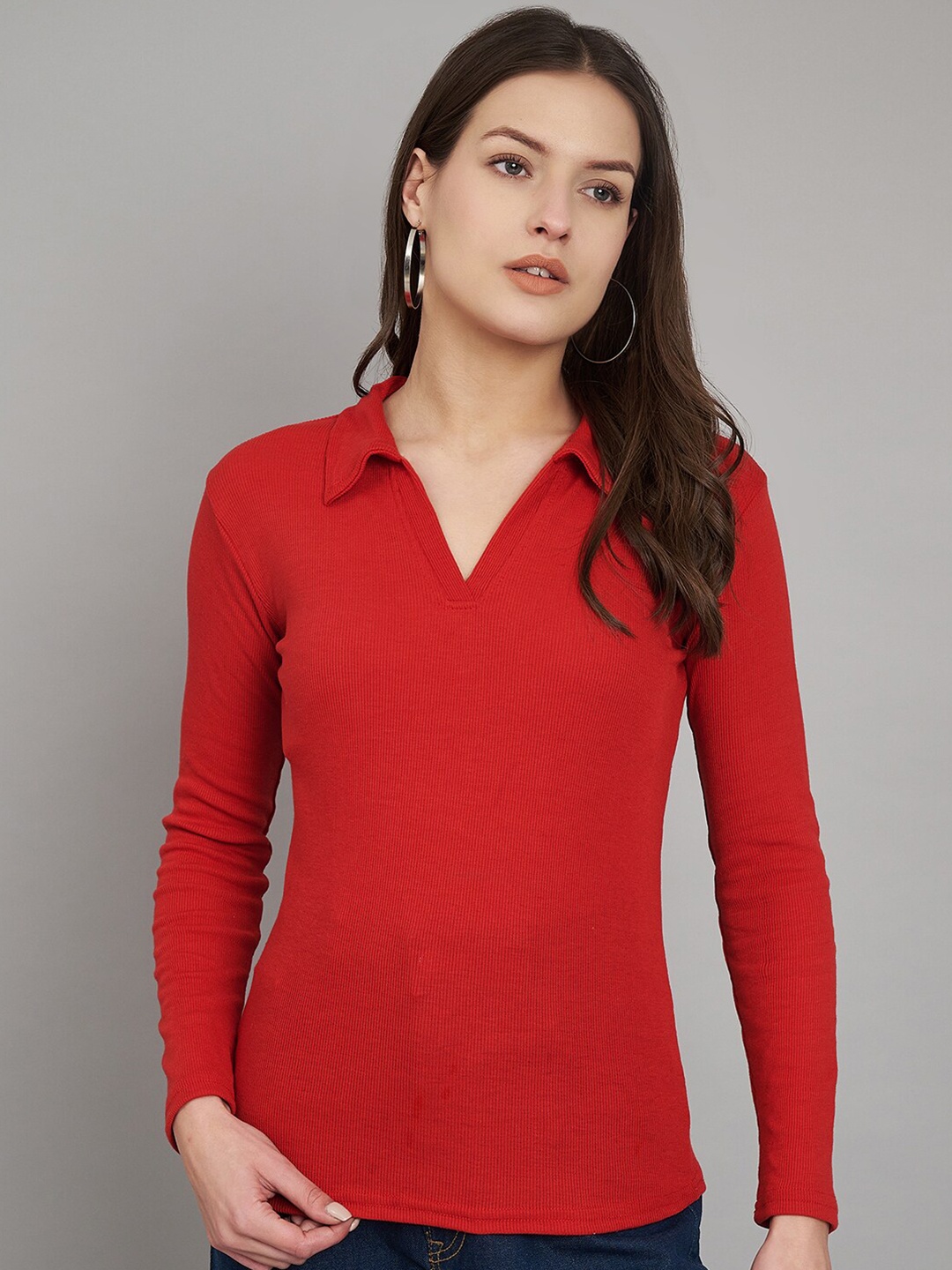 

Trend Level Shirt Collar Regular Top, Red
