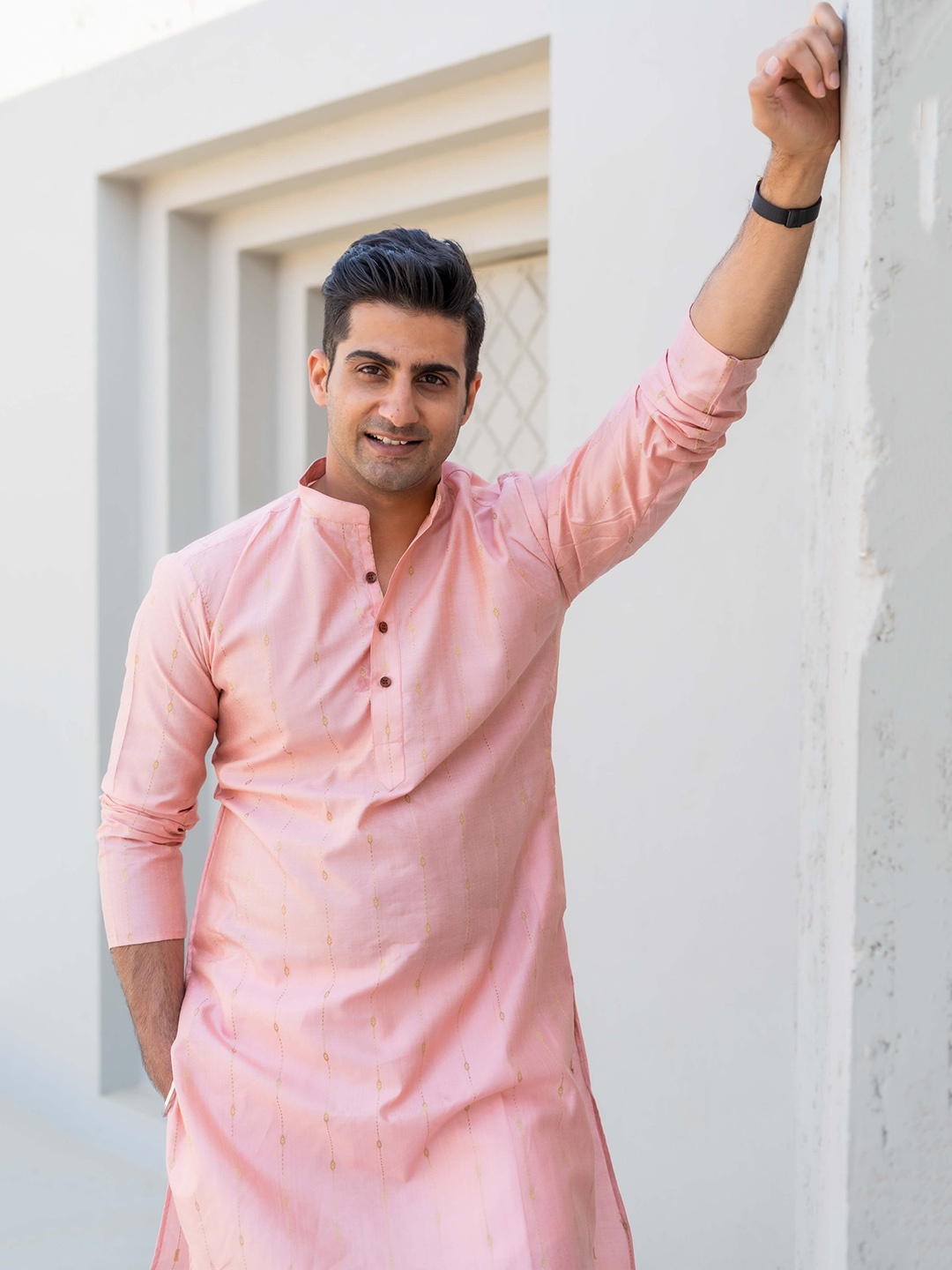 

Shasak Woven Design Mandarin Collar Pastels Straight Kurta, Pink