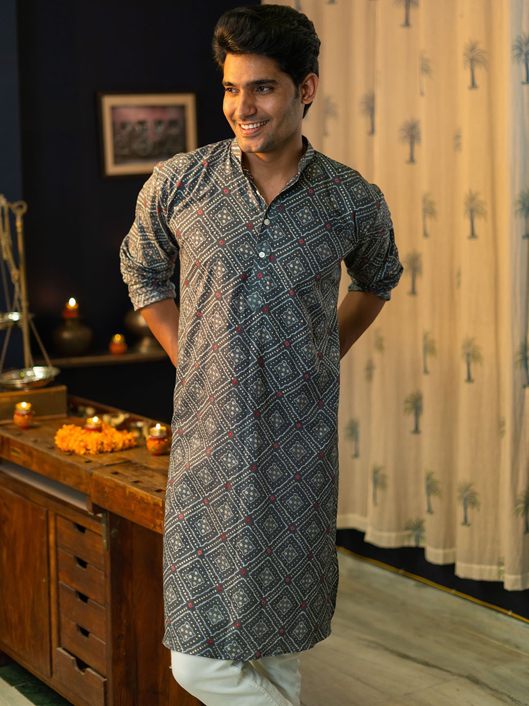 

Shasak Ethnic Motifs Printed Mandarin Collar Cotton Straight Kurta, Grey