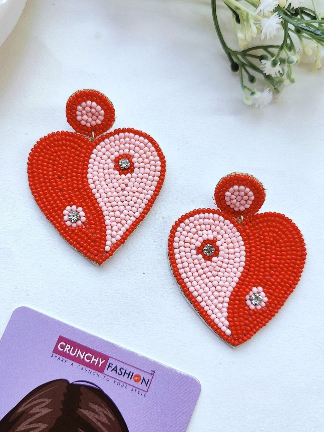 

Crunchy Fashion Beaded Heart Shaped Drop Earrings, Red