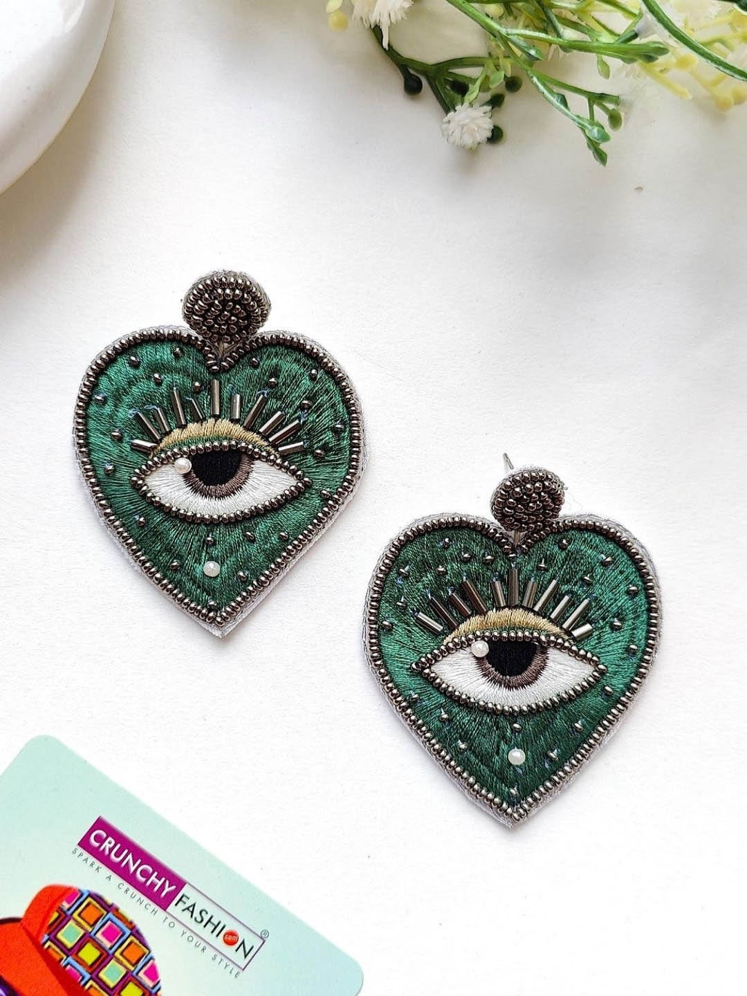 

Crunchy Fashion Beaded Heart Shaped Drop Earrings, Green