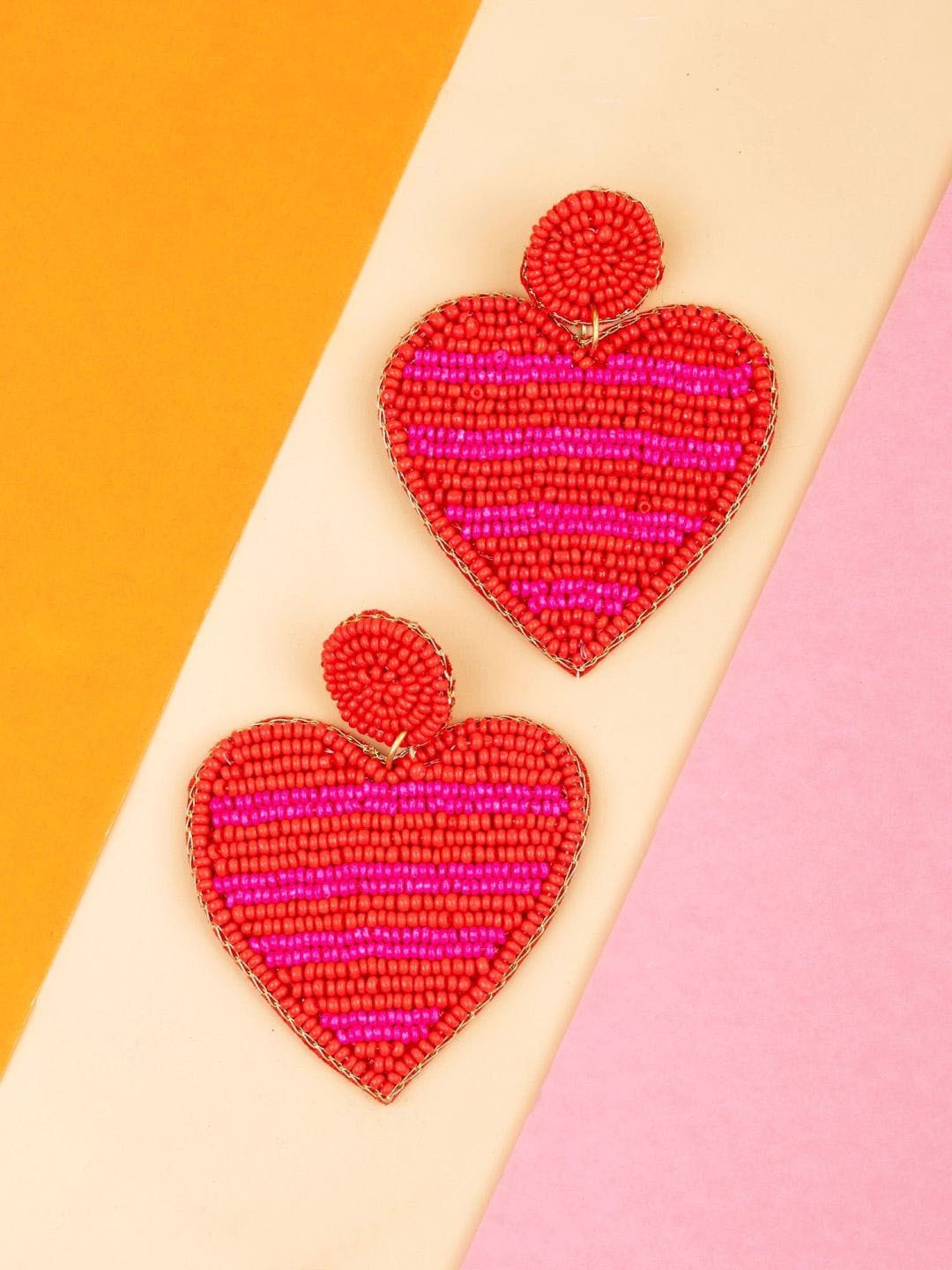 

Crunchy Fashion Beaded Heart Shaped Drop Earrings, Red