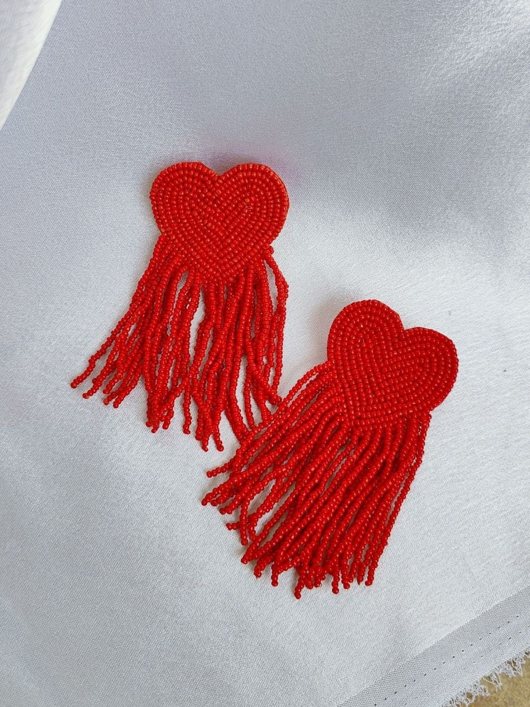 

Crunchy Fashion Beaded Heart Shaped Tasselled Drop Earrings, Red