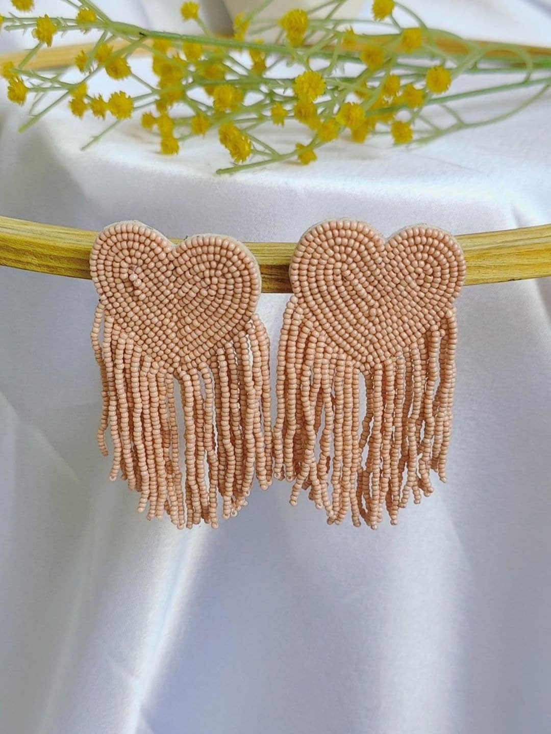 

Crunchy Fashion Beaded Heart Shaped Tasselled Drop Earrings, Peach