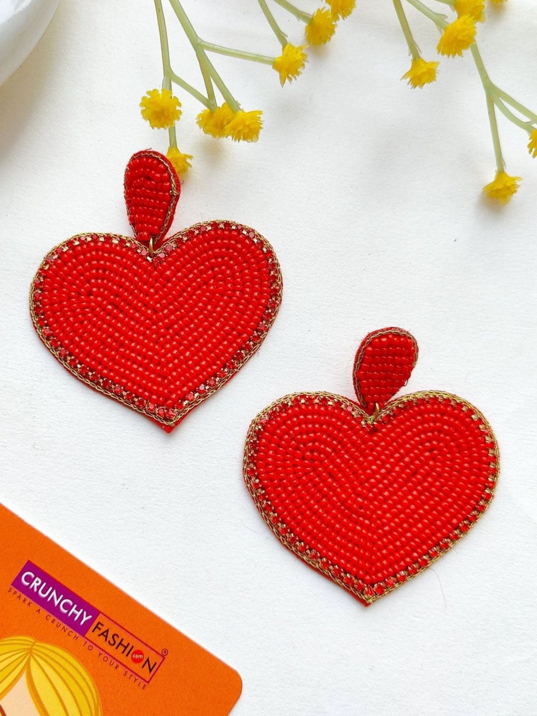 

Crunchy Fashion Beaded Heart Shaped Drop Earrings, Red