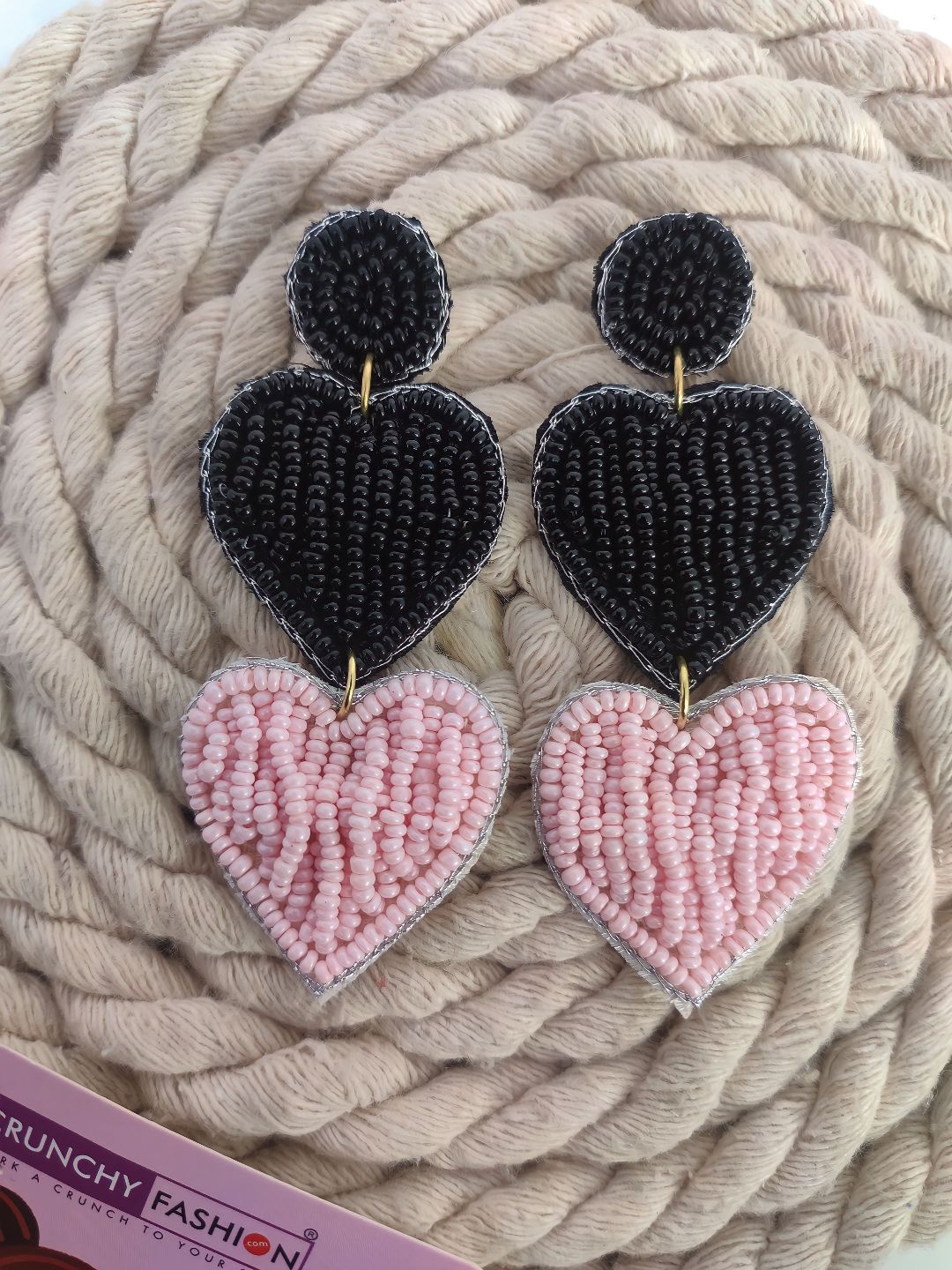 

Crunchy Fashion Beaded Heart Shaped Drop Earrings, Black