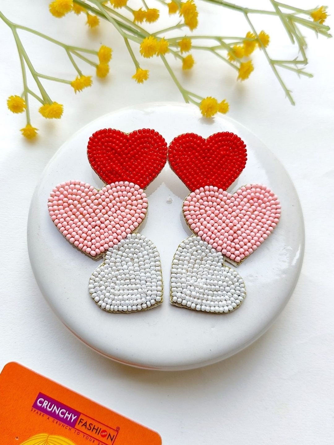 

Crunchy Fashion Beaded Heart Shaped Drop Earrings, Red
