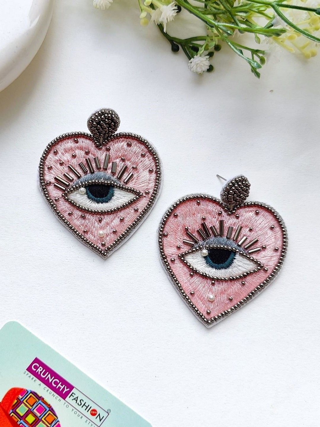 

Crunchy Fashion Beaded Heart Shaped Drop Earrings, Pink