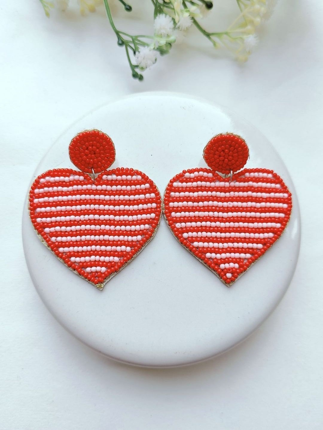 

Crunchy Fashion Beaded Heart Shaped Drop Earrings, Red