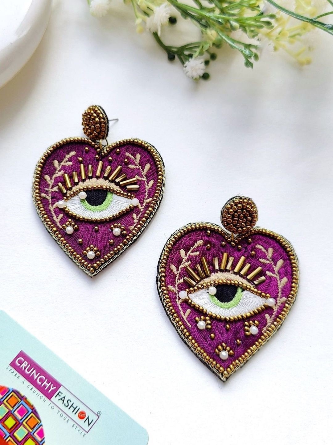 

Crunchy Fashion Beaded Heart Shaped Drop Earrings, Purple