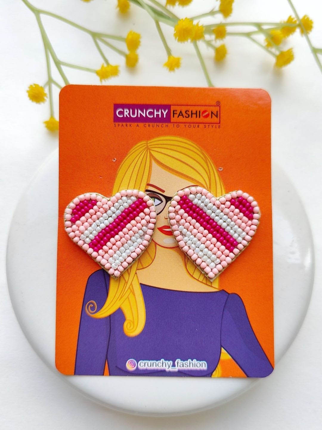 

Crunchy Fashion Beaded Heart Shaped Studs Earrings, Pink