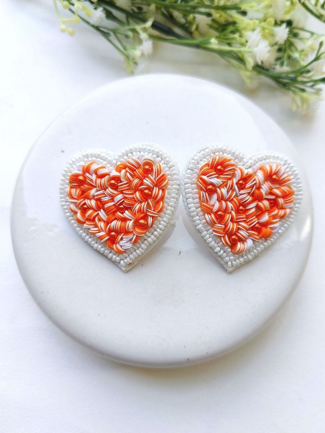 

Crunchy Fashion Beaded Heart Shaped Studs Earrings, Orange